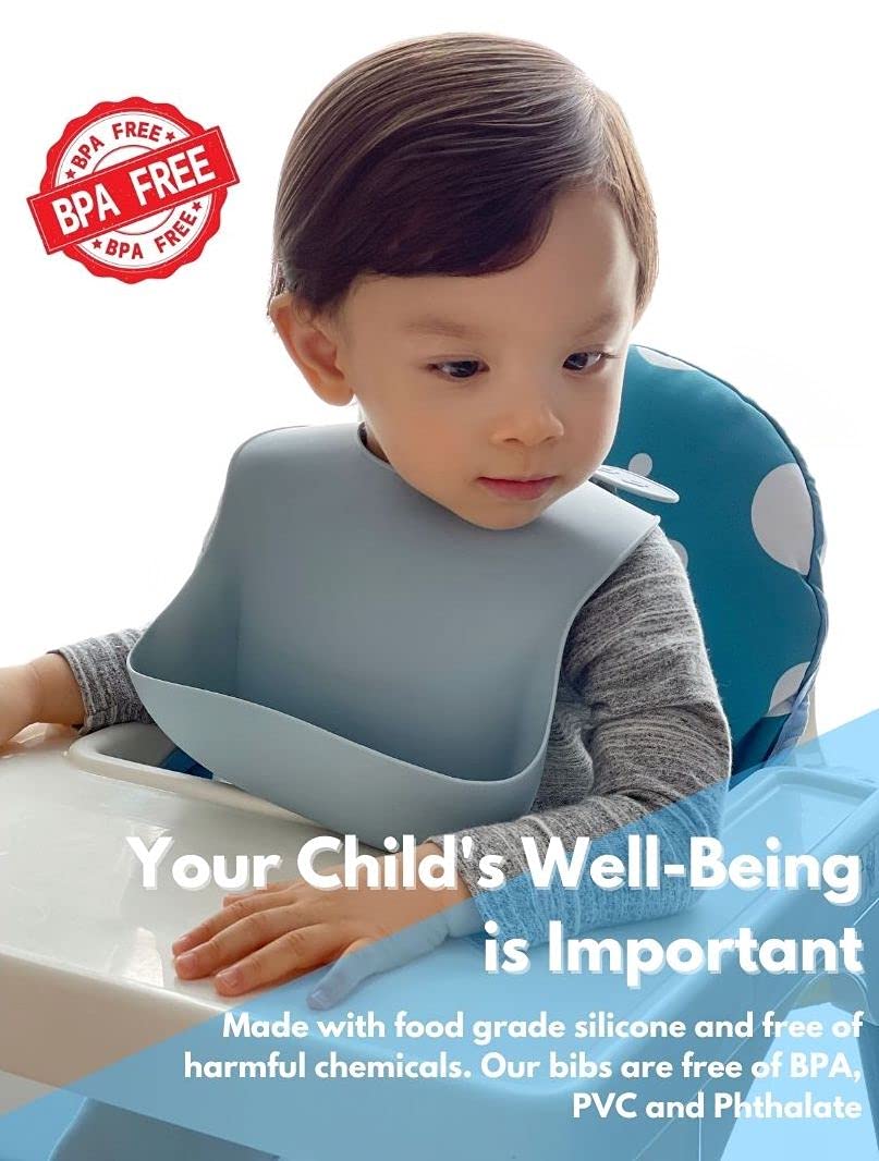 The Happy Stork Silicone Baby Bib with Food Catcher, Adjustable Fit Waterproof, Silicone Bibs for Girl, Boy, Infant and Toddlers Ages 6 to 36 Months