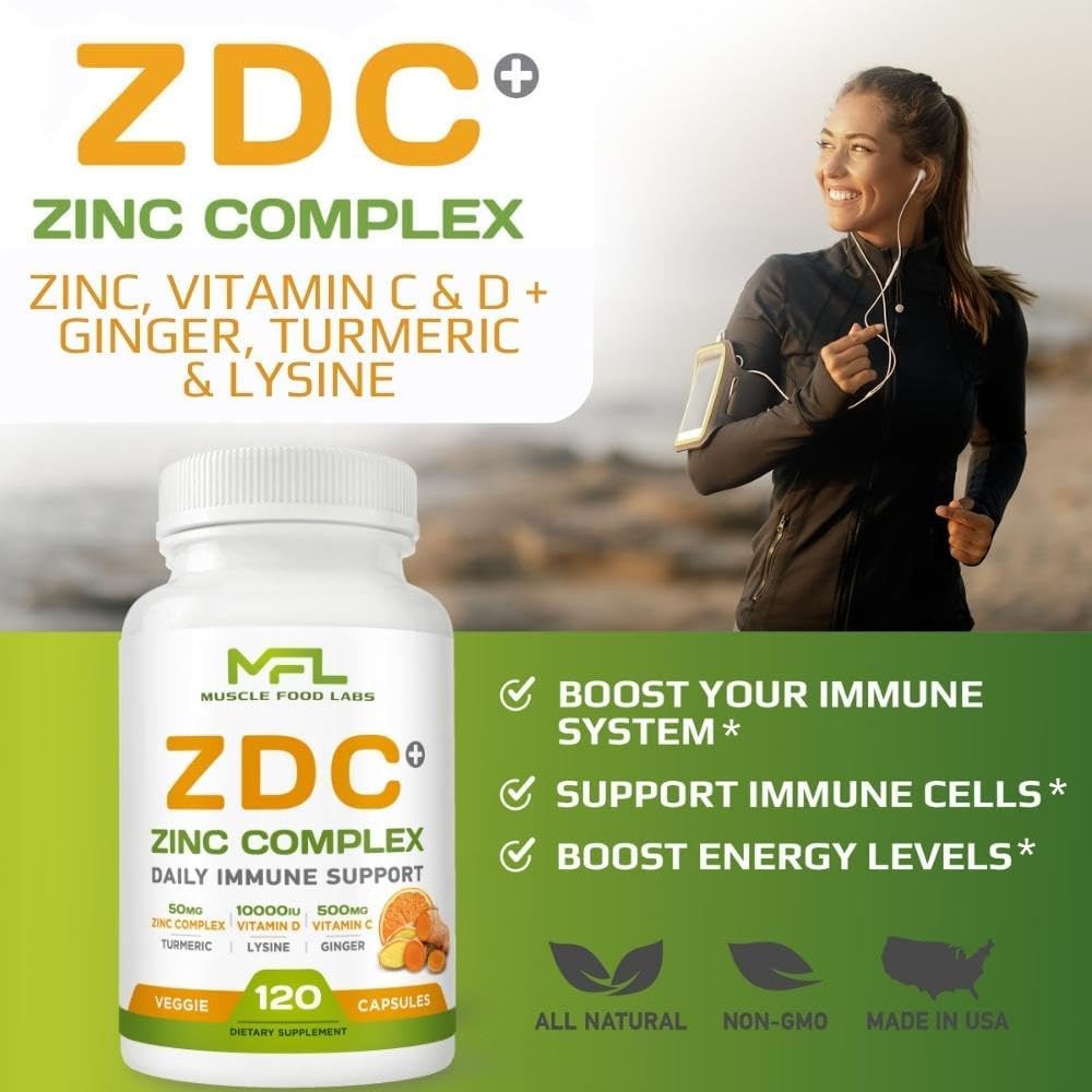 MUSCLE FOOD LABS | Z D C Plus | Vitamin C, 500mg | Vitamin D3, | Zinc, | Turmeric | Ginger | Lysine | Non-GMO & Gluten Free | Veggie Caps | 120 Servings