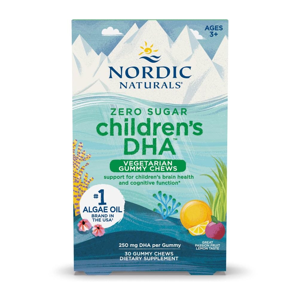 Nordic Naturals Zero Sugar Children’s DHA Vegetarian Gummy Chews - Passion Fruit Lemon Flavor - 30 Gummies - Vegan Algae Oil Omega-3 Supplement for Kids Brain & Cognition Support - 30 Servings