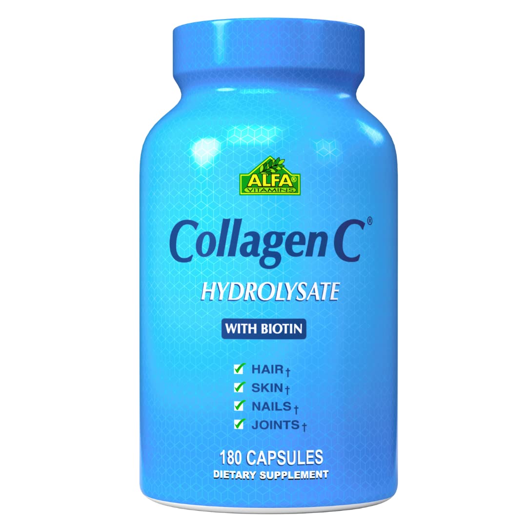 CollagenC - Collagen Hydrolysate Capsules with Biotin by Alfa Vitamins - Anti-Aging Nutritional Supplement for Skin, Nails & Hair Rejuvenation - Supports Bone & Muscle - Made in USA - 180 Capsules