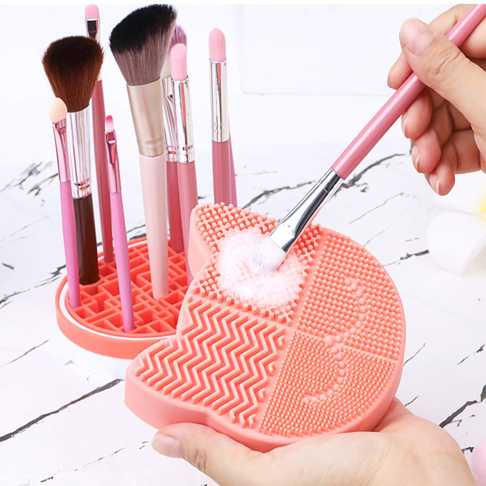 Silicon Makeup Brush Cleaning Mat with Brush Drying Holder Brush Cleaner Mat Portable Cat Shaped Cosmetic Brush Cleaner Pad (New Orange)