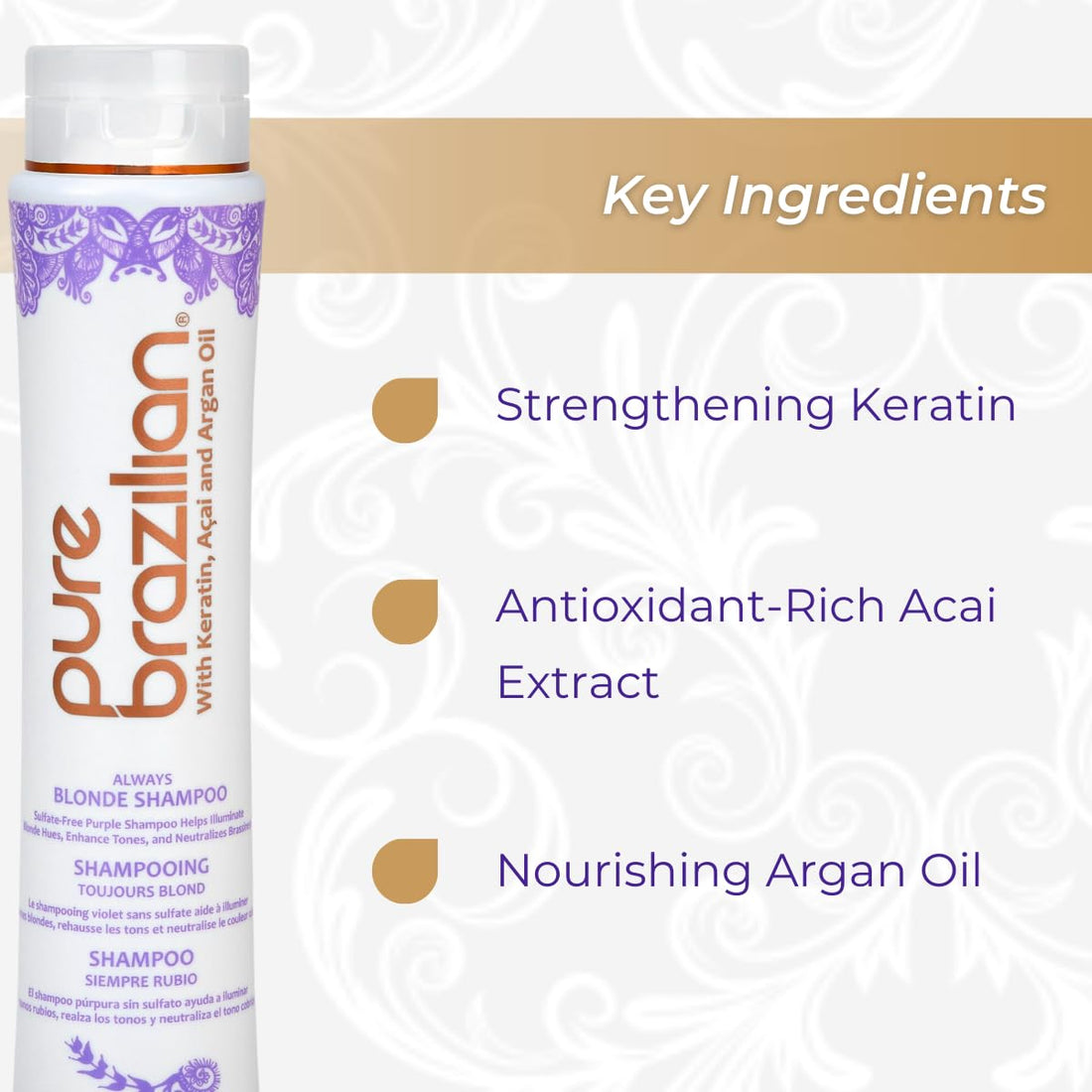 Pure Brazilian Always Blonde Shampoo with Keratin, Acai & Argan Oil, Purple Shampoo for Color-Treated Hair, Sulfate-Free, 13.5 Fl Oz