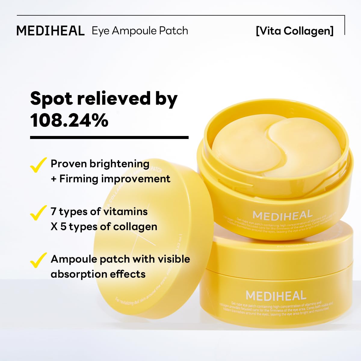 Mediheal Vita Collagen Under Eye Patches for - Korean Hydrogel Eye Pads with 7 Vitamin & 5 Micro Collagen. Moisturizng & Non Irritating Eye Gel Mask. Sealing Cap Included.