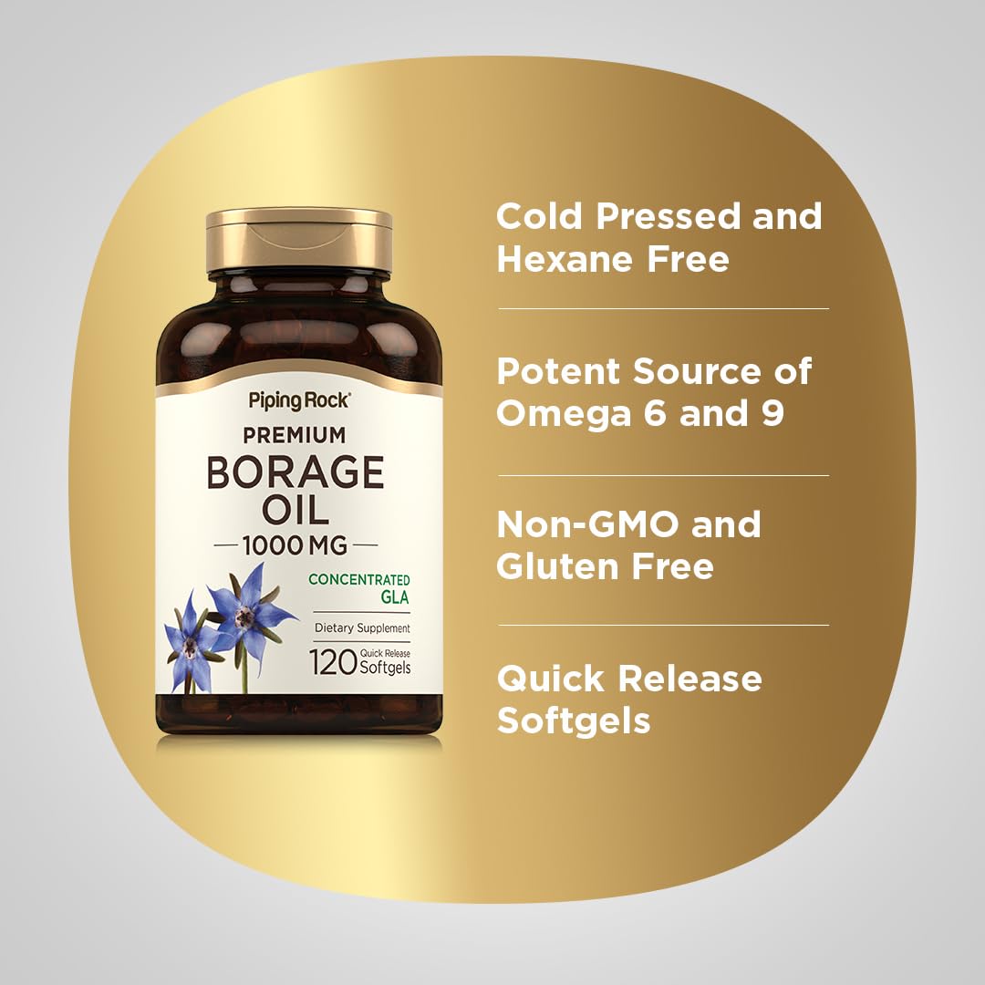 Piping Rock Borage Oil Supplement | 1000 mg Softgel Capsules | 120 Count | Cold Pressed | Hexane Free | Non-GMO, Gluten Free Supplement