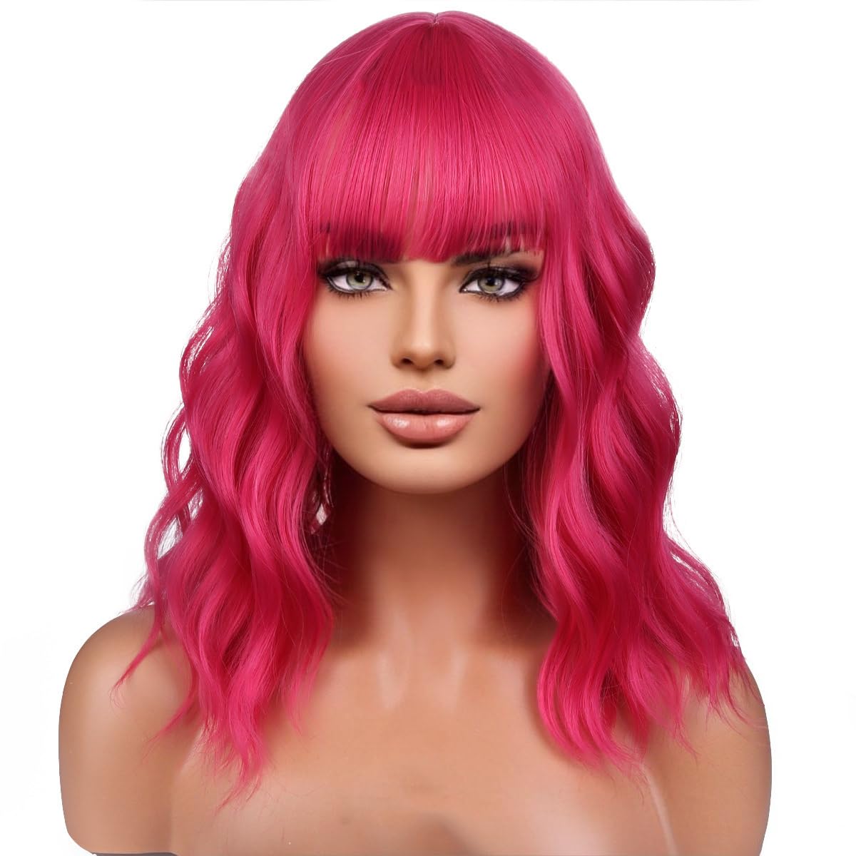 Hot Pink : RightOn 14’’ Short Curly Women Girl’s Charming Synthetic Wig with Air Bangs + Free Wig Cap + Free Comb (Hot Pink)