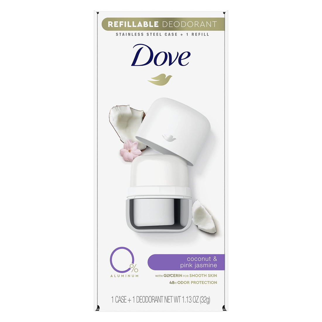 Dove Female Refillable Floral Scent Deodorant Roll On Starter Kit Deodorant Coconut & Pink Jasmine 0% Aluminum 1.13 Oz, Pack Of 1