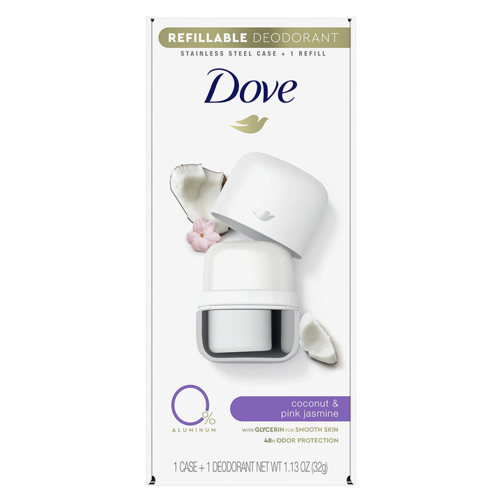 Dove Female Refillable Floral Scent Deodorant Roll On Starter Kit Deodorant Coconut & Pink Jasmine 0% Aluminum 1.13 Oz, Pack Of 1