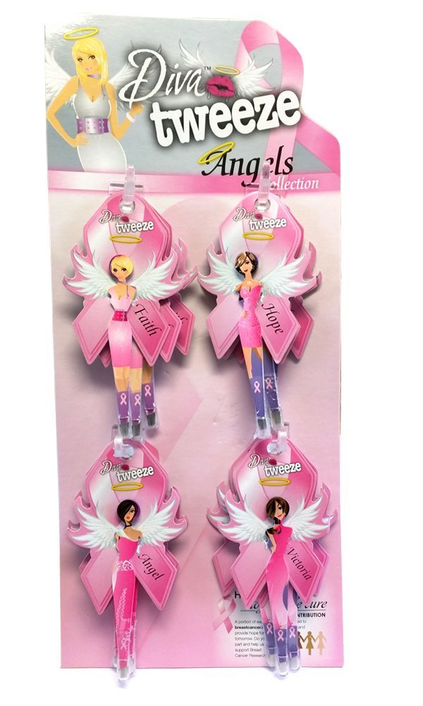 Diva Tweezer Professional Tweezers 'Angels' Pink Ribbon 12-Pack with Display