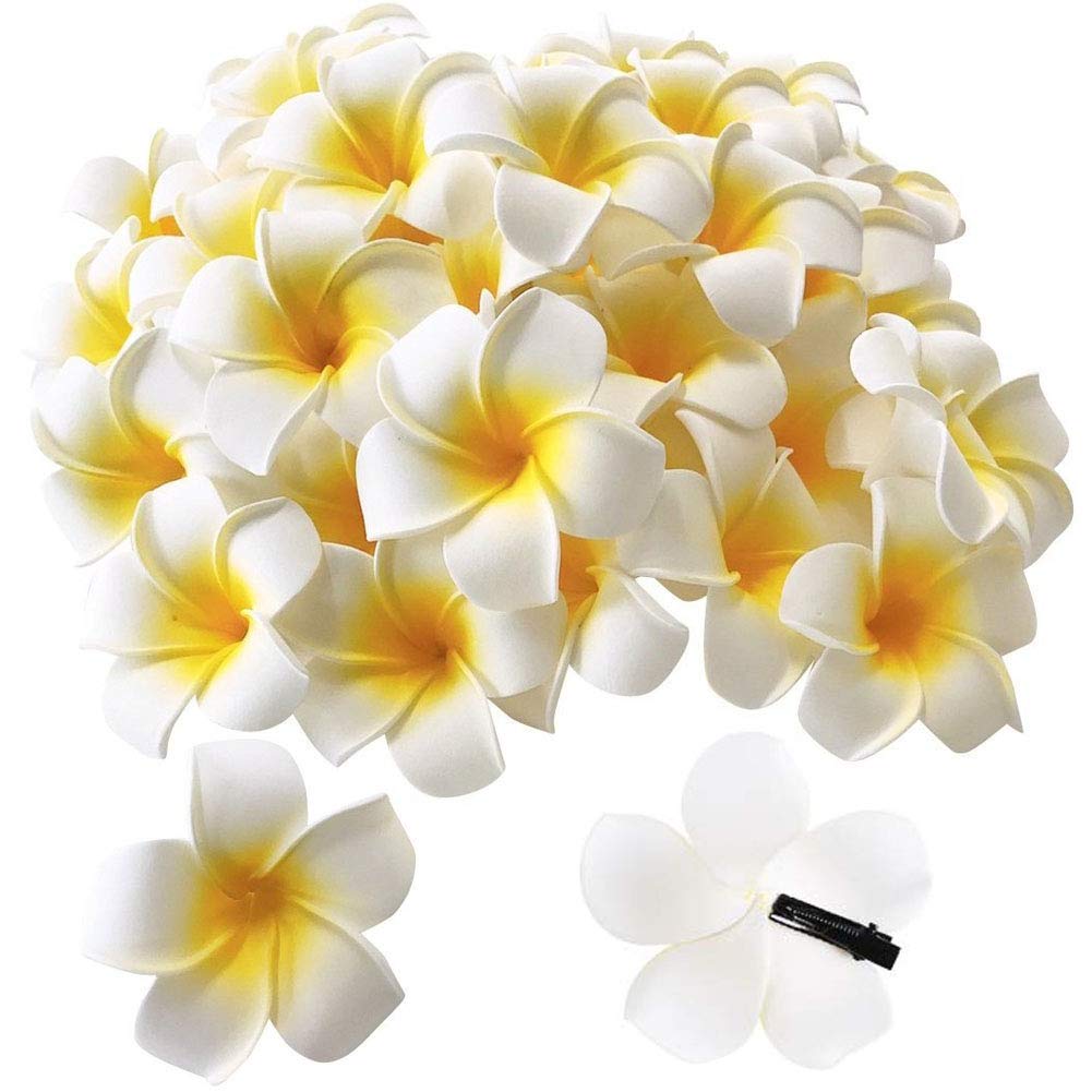 50Pcs 2.5 White Foam Hawaiian Frangipani Artificial Plumeria Flower Hat Hair Clips for Home Bridal Wedding Tropical Party Beach Vacation Decoration