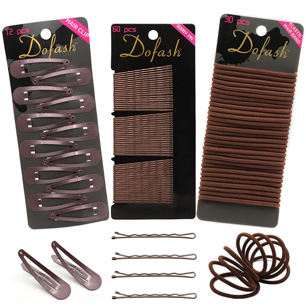 Dofash Women's braided Good Hair set ,102counts set (Bobby pins 60pcs + Hyper Elastics ties 30pcs + Snap hair clips (Brown)