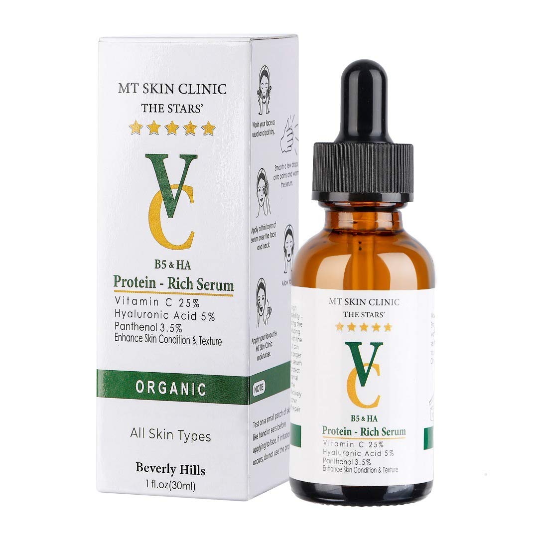 MT Skin Clinic Pro Advanced Hyaluronic Acid Serum for Face, Glow+ Antioxidant Protein-Rich Face Lift Serum with Vitamin C, Niacinamide and B5 for Dry Skin Hydrating and Anti-Aging, 1oz