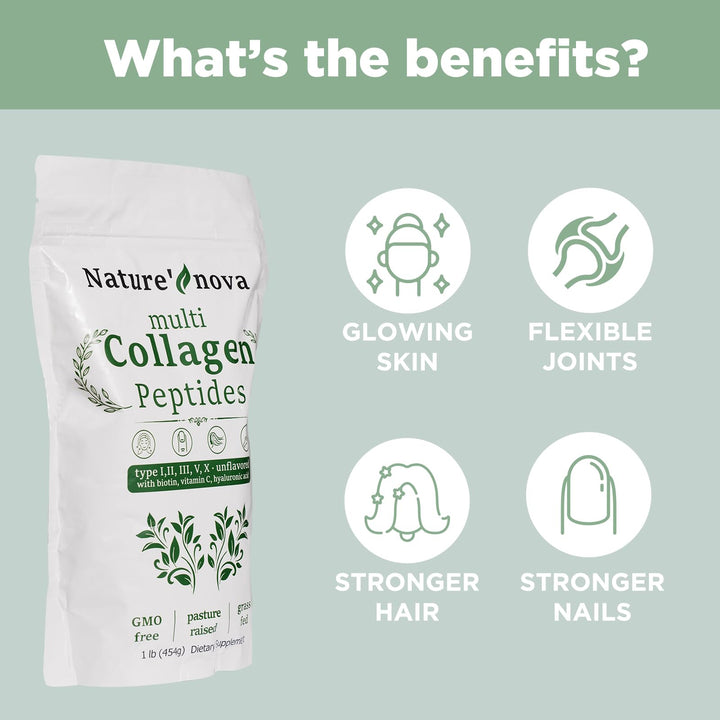 Nature's Nova Multi Collagen Peptides Powder - Type I,II,III,V,X with Biotin, Hyaluronic Acid, Vitamin C - Unflavored, Easily Dissolved, Non-GMO