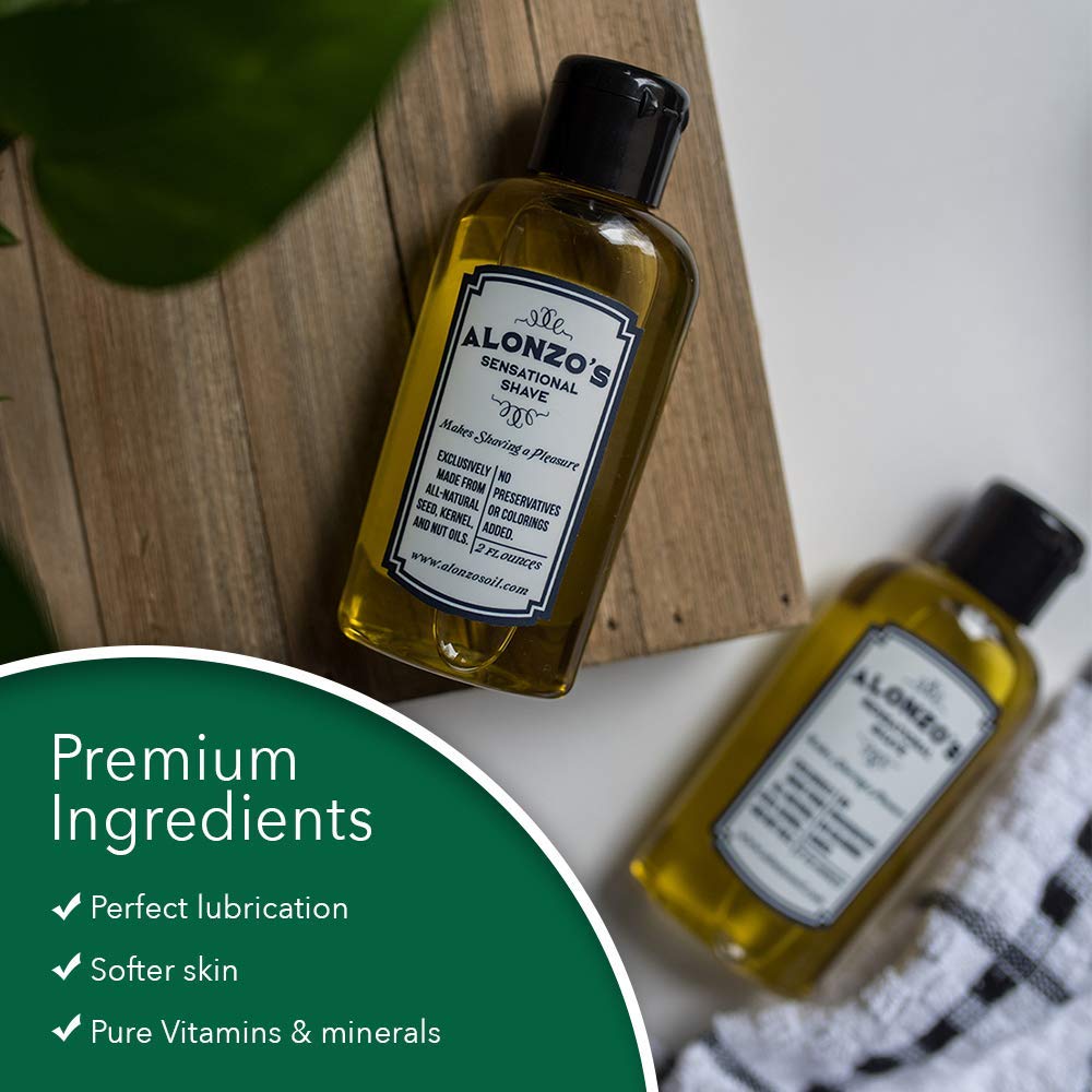 Alonzoââ‚¬â„¢s Sensational Premium Natural Shaving Oil for Men | Works as Moisturizing Pre Shave/After Shave/Beard Oil for Face Body & Head | Smooth Pre-Shave 2oz