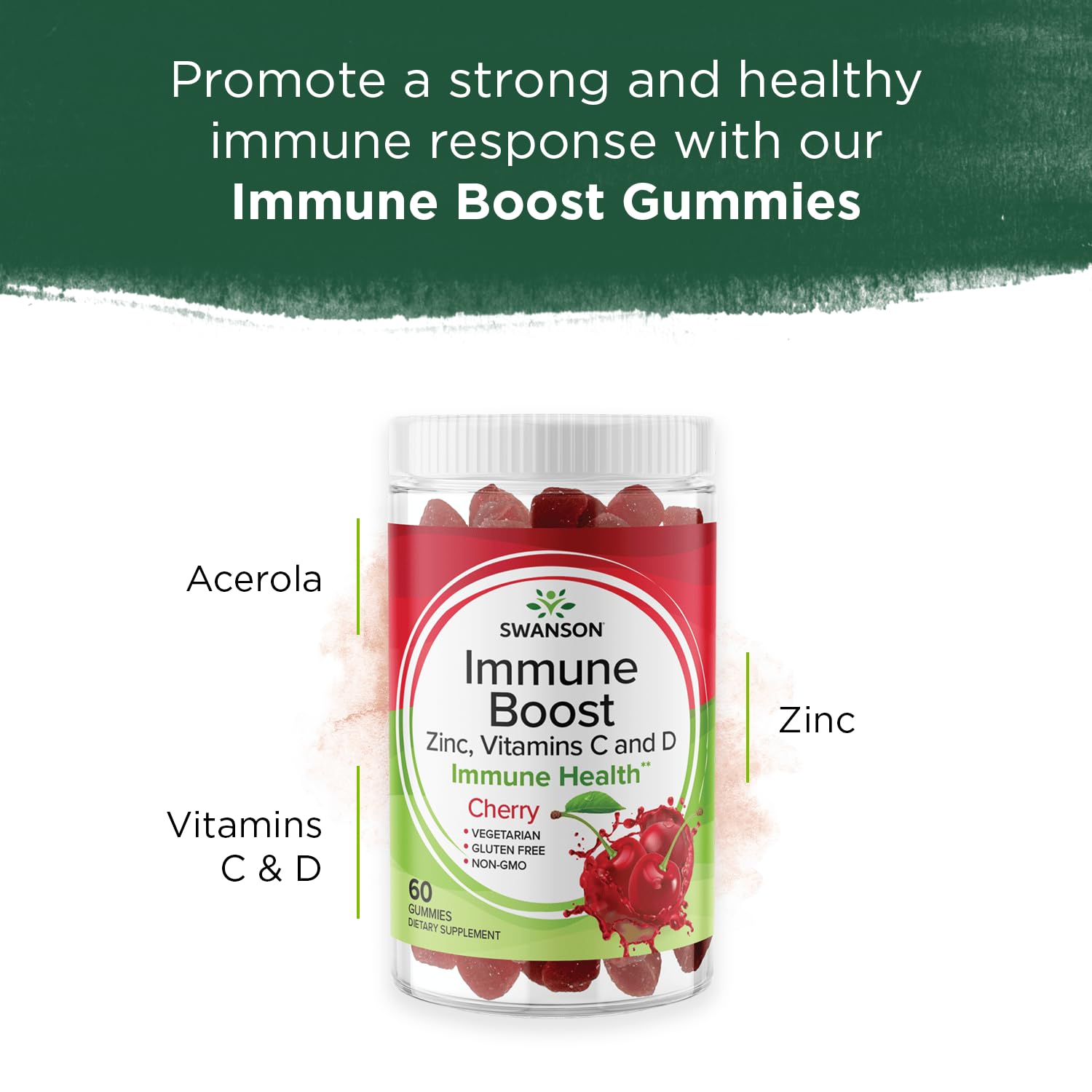 Swanson Immune Boost Gummies with Acerola, Zinc, Vitamin C and D - 60 Cherry Gummies - Supplement for a Healthy Immune System