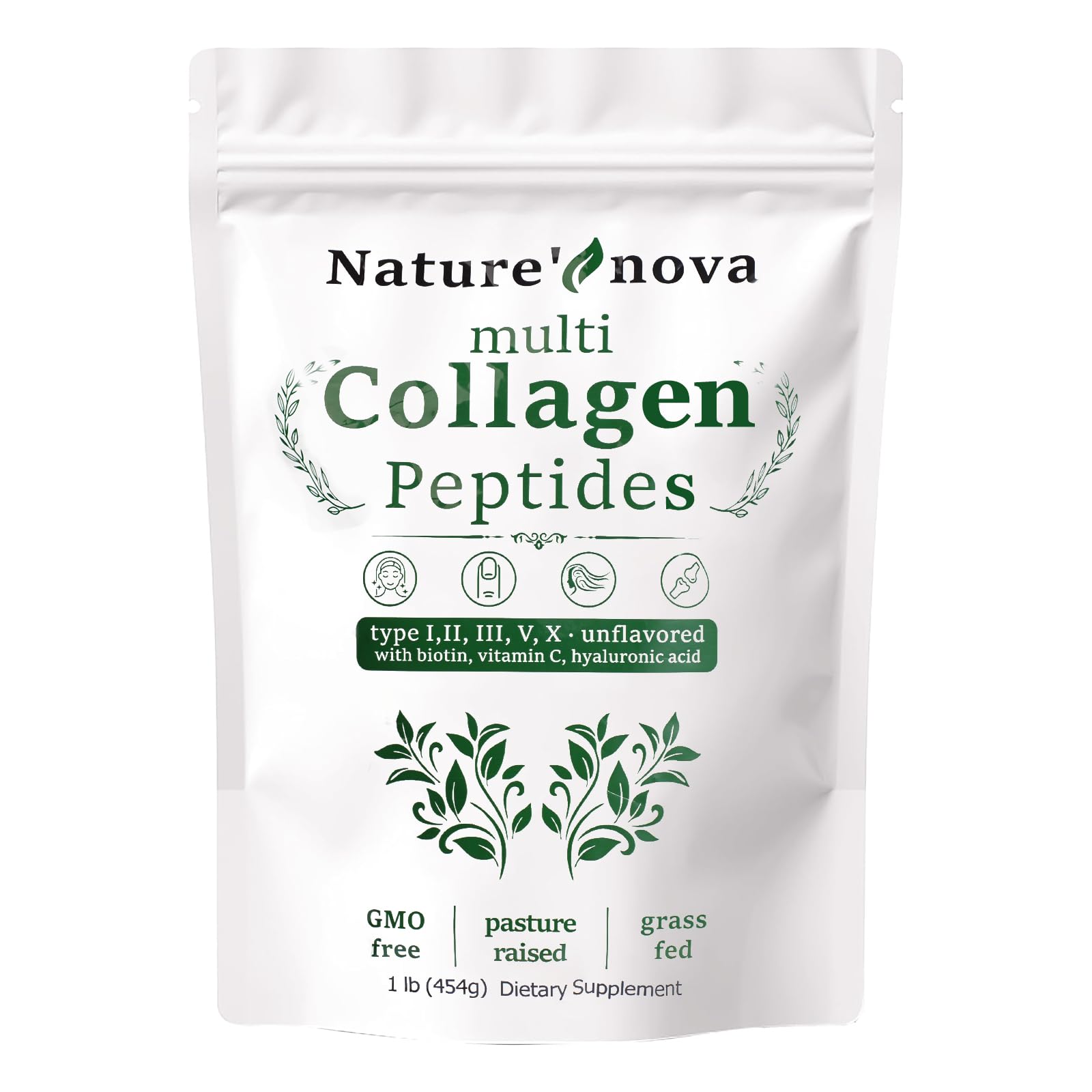 Nature's Nova Multi Collagen Peptides Powder - Type I,II,III,V,X with Biotin, Hyaluronic Acid, Vitamin C - Unflavored, Easily Dissolved, Non-GMO