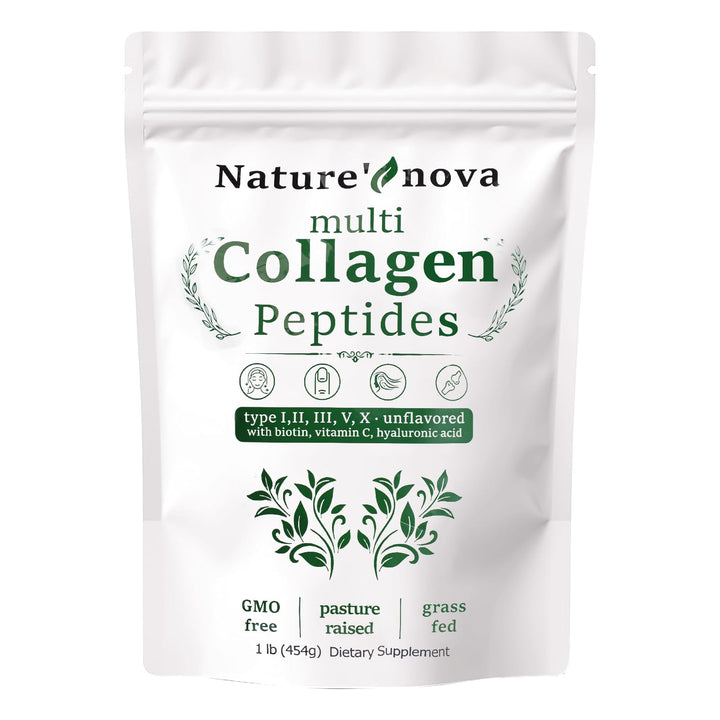 Nature's Nova Multi Collagen Peptides Powder - Type I,II,III,V,X with Biotin, Hyaluronic Acid, Vitamin C - Unflavored, Easily Dissolved, Non-GMO
