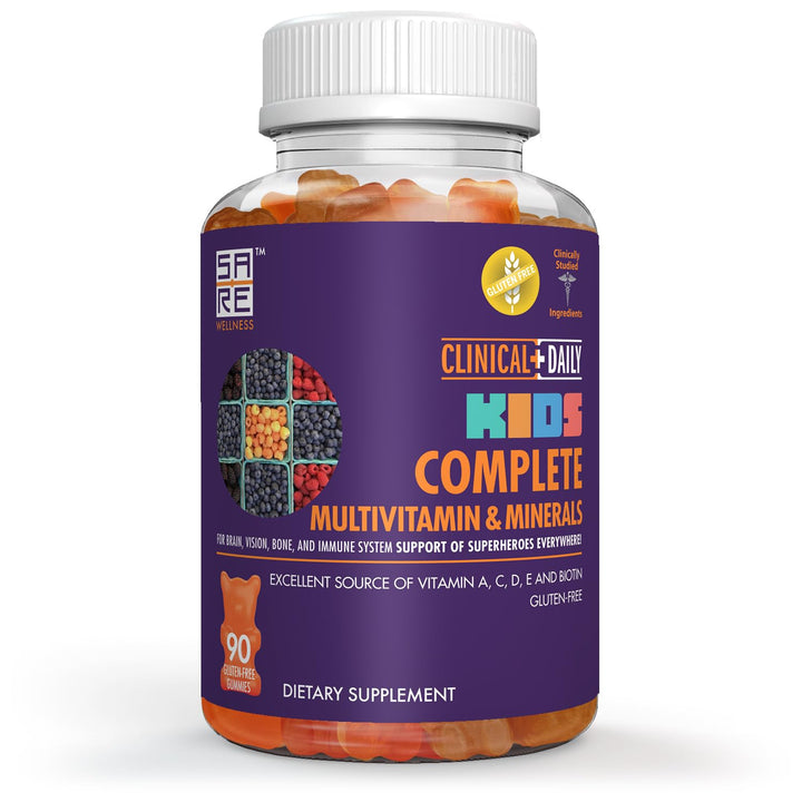 Clinical Daily Complete Kids Multivitamin Daily Gummy Supplement for Brain, Vision, Bone and Immune Health. Vitamins A, C, E,D,B6,B12, Folate, Biotin, Essential Minerals. 90 Gluten Free Yummy Gummies