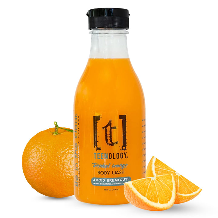 Tropical Orange Body Wash, Sulfate-Free, Paraben-Free to Help Avoid Breakouts, Teen Moisturizing Cleanser, Contains Mango, Apricot, and Vitamin B5 - TEENOLOGY (16 oz)