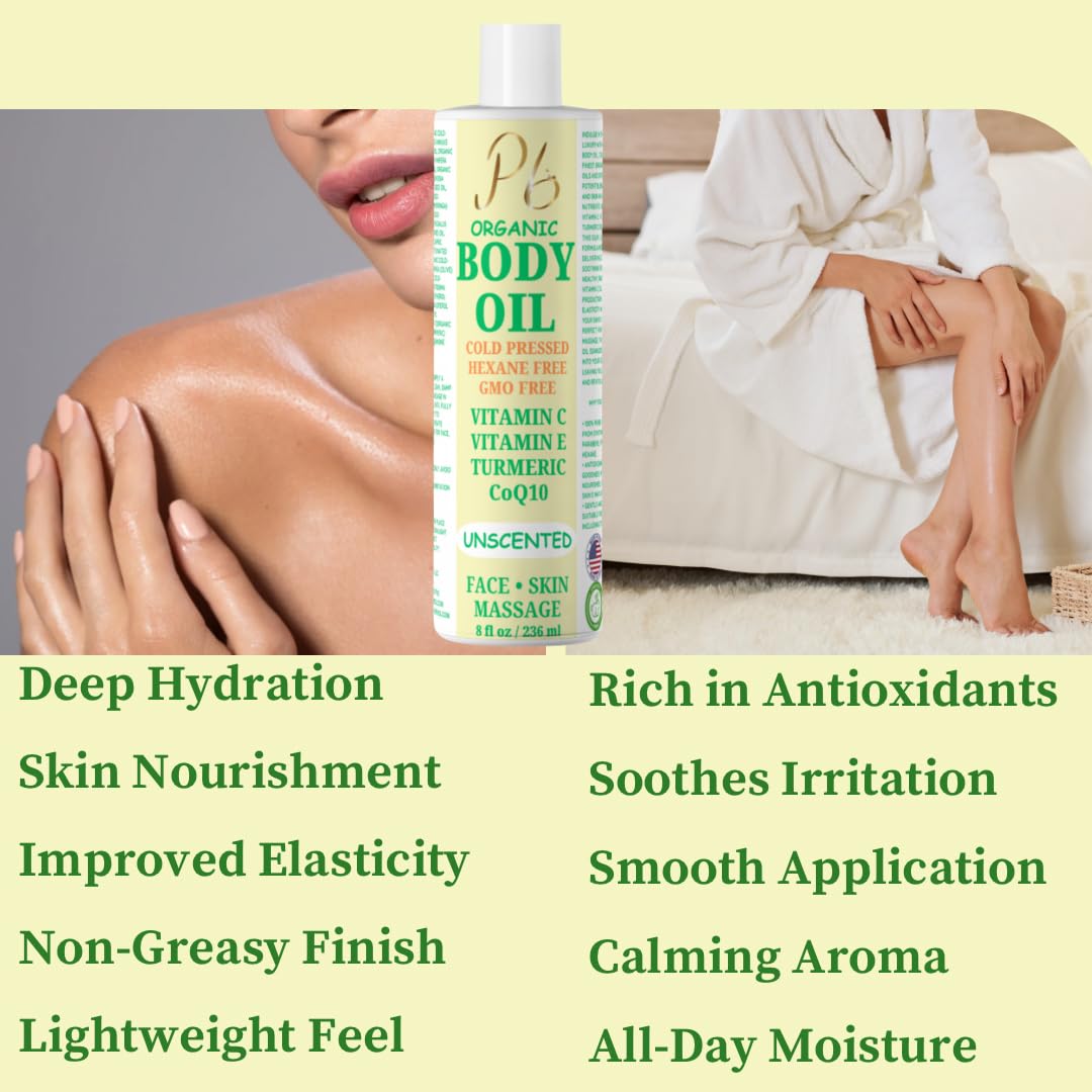 Pomberries Organic Body Oil – Cold-Pressed Blend with Jojoba, Olive, Moringa & Almond Oils – Hydrating Oil for Skin & Massage, Natural Moisturizer – 8 fl oz