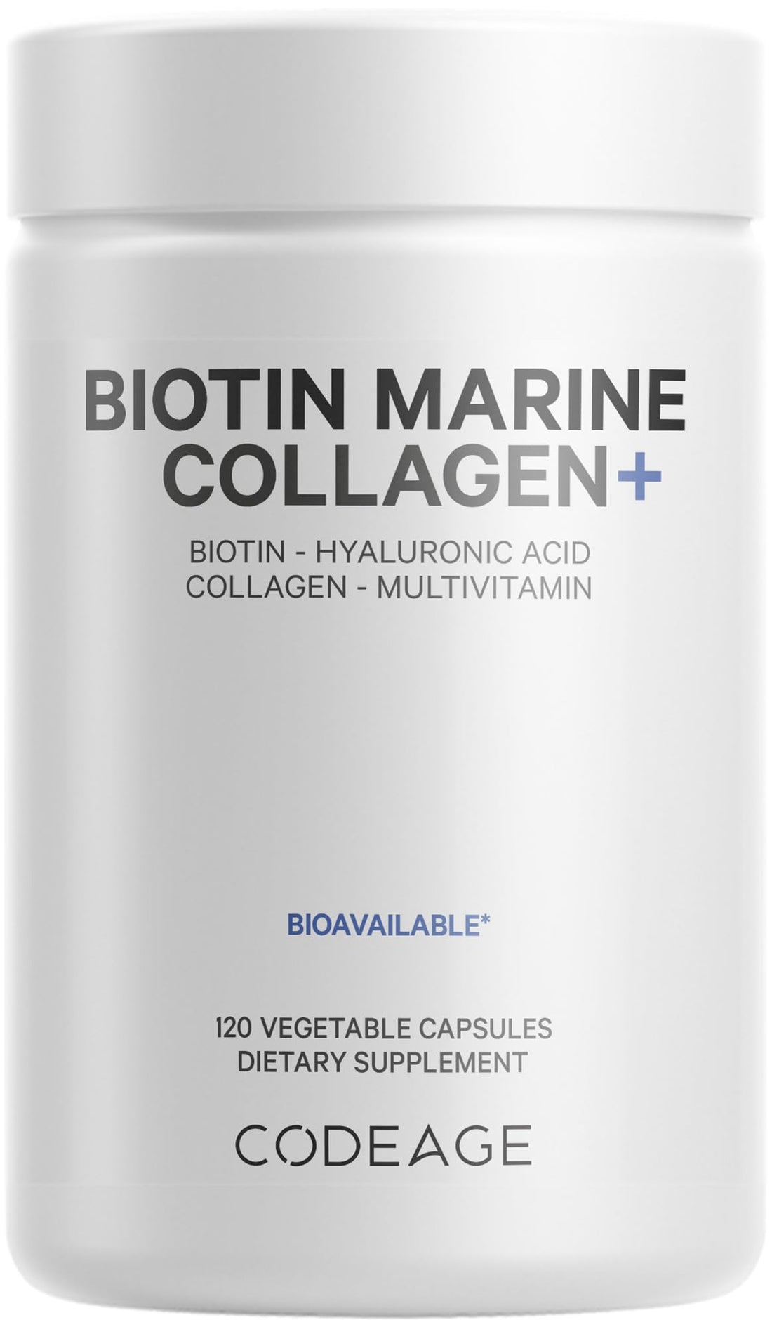 Codeage Biotin Marine Collagen Peptides - Wild-Caught Marine Collagen Types I & III, 10,000 mcg Biotin, Vitamins C & E, Hyaluronic Acid, Amino Acids, Fruit and Herb Blend, Non-GMO - 120 Capsules
