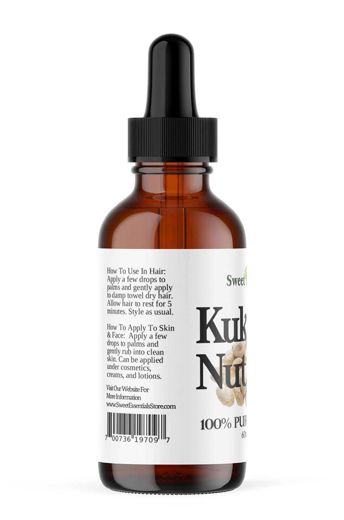 100% Organic Kukui Nut Oil | Imported From Hawaii | 2oz Glass Bottle | Glass Dropper | Natural Moisturizer for Skin, Hair and Face | By Sweet Essentials