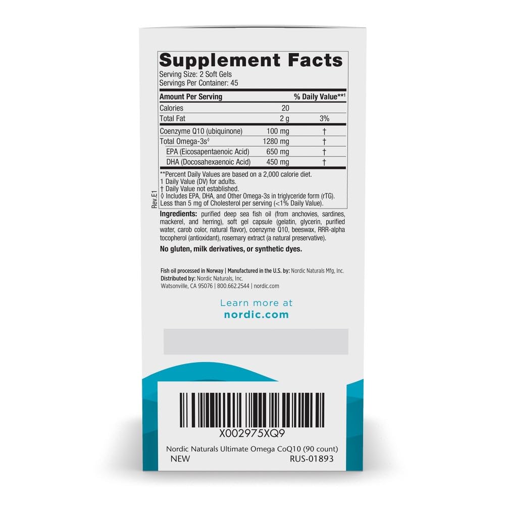 Nordic Naturals Ultimate Omega + CoQ10, Lemon - 90 Soft Gels - 1280 mg Omega-3 + 100 mg CoQ10 - Heart Health, Cellular Energy, Antioxidant Support - Non-GMO - 45 Servings