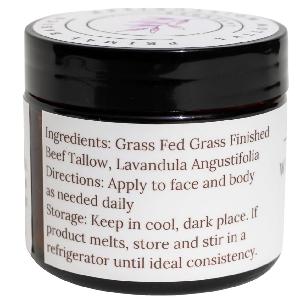 Primal Basics 100% Grass Fed Grass Finished Whipped Lavender Beef Tallow Moisturizer/Body Balm for Face, Body, Oily, Dry, Sensitive Skin -Contains Vitamins A, D, E, K -USA Made (1.7 oz, Lavender)
