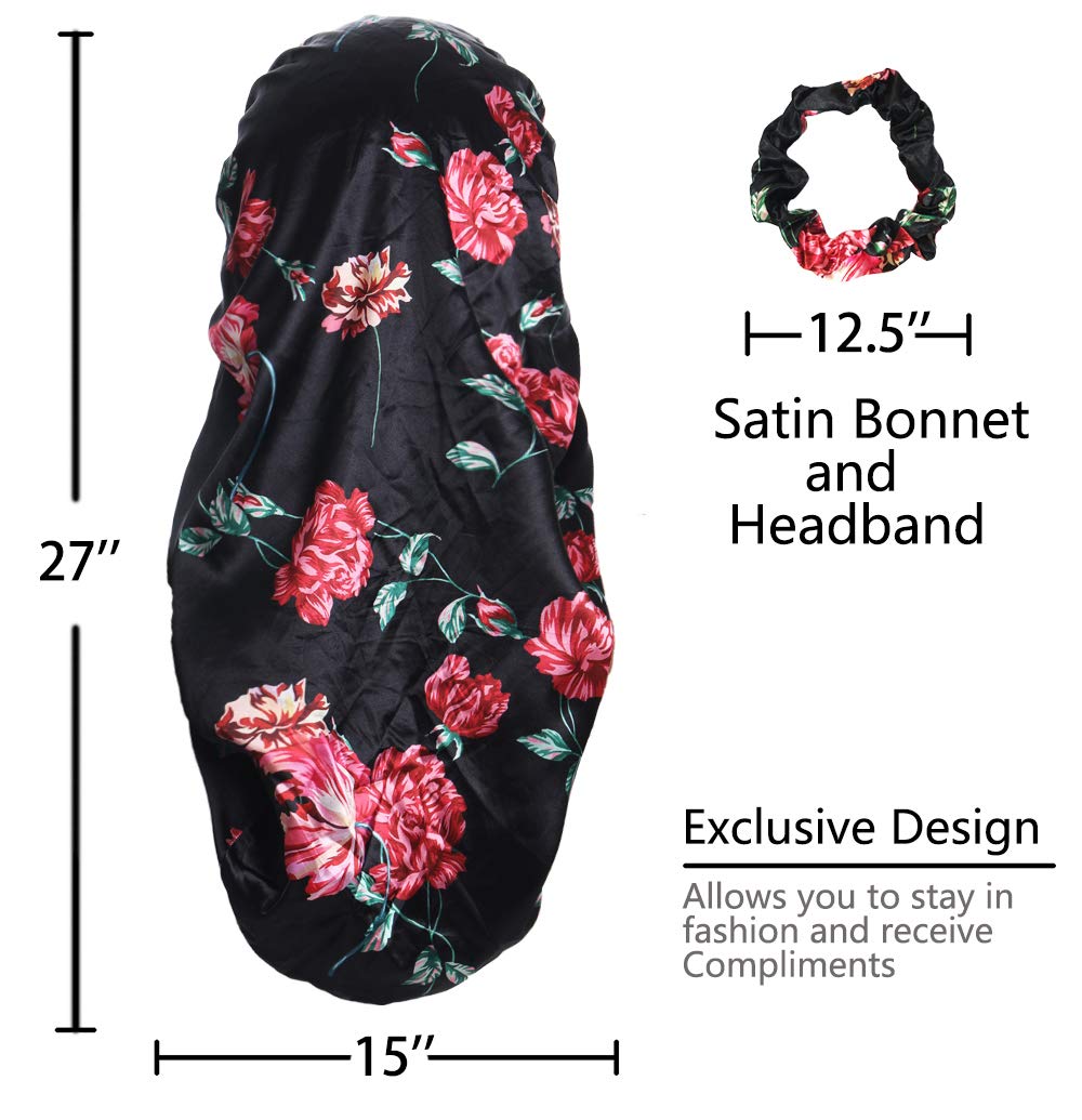 Extra Large Satin Bonnet for Curly Hair Silk Bonnet for Sleeping Cap Natural Frizzy Hair (Long, Long-A-Black-Rose Flower)