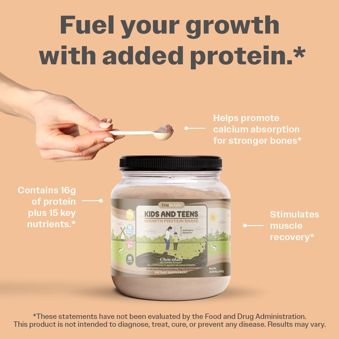 TruHeight Growth Protein Shake (Chocolate Milk Flavor, Whey) Natural Growth & Development Protein Powder for Kids & Teens - Endorsed by Pediatricians - Vitamins & Minerals for Picky Eaters - Ages 5+