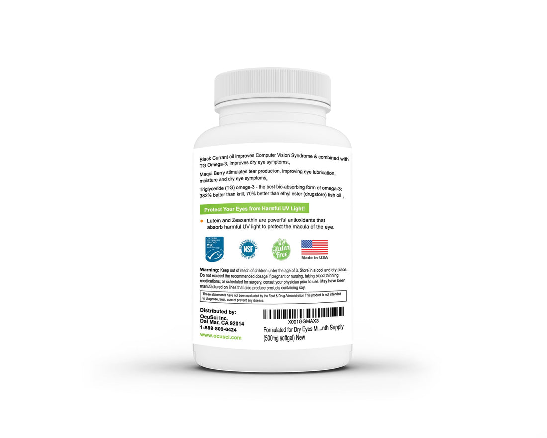 Formulated for Dry Eyes Mini-softgels of Ultra pure Omega-3, Black Currant Oil, Maqui Berry, Lutein, Zeaxanthin, Vitamins B12 and D3 (2 Month (180 mini softgels)