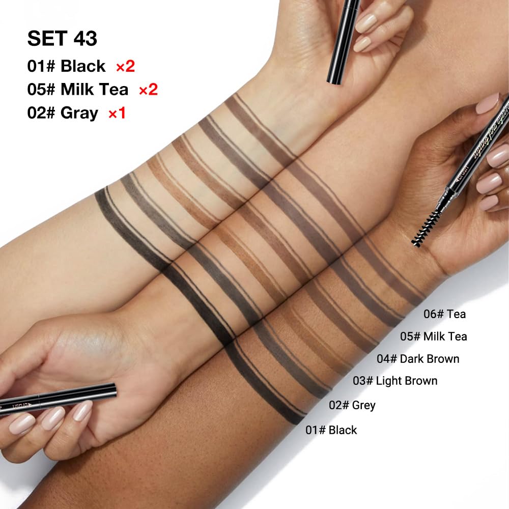 5 Pcs Dual-Sided Auto-rotate Ultra-Fine Tip Eye Brow Pencils Pack, Draws Tiny Precise Brow Makeup, Hairs, Defines, Fills Brows, Shapes, Contours, Combs, 1mm Pen Point (2*Black+2*Milk tea+Gray)