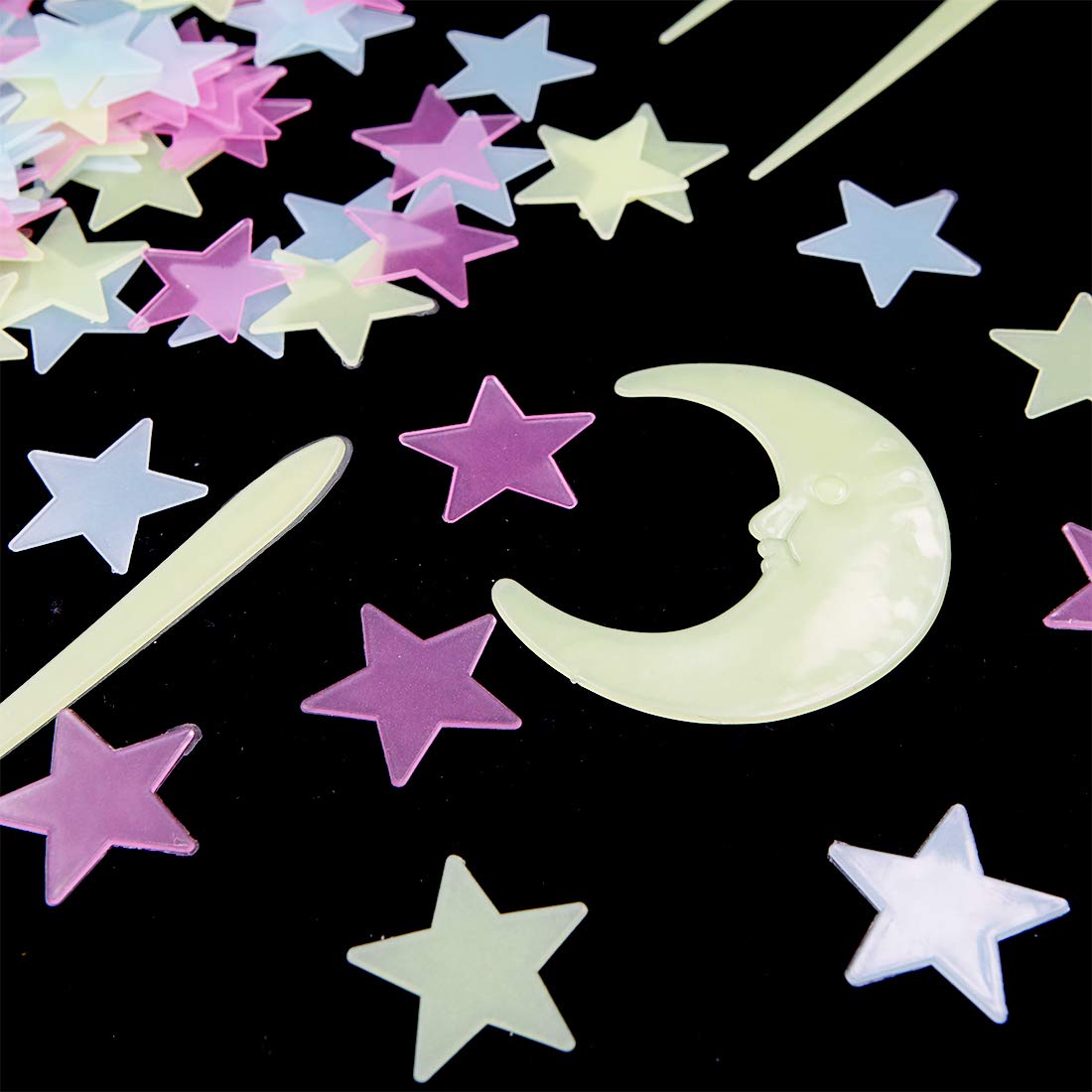 3D Glow in The Dark Star and Moon Wall Stickers,300 Pcs Glowing Stars 2 Pcs Moon and 12 Pcs Glow Meteors Luminous Stickers Fluorescent Ceiling Decals for Kids Boys Girls Bedroom Decoration