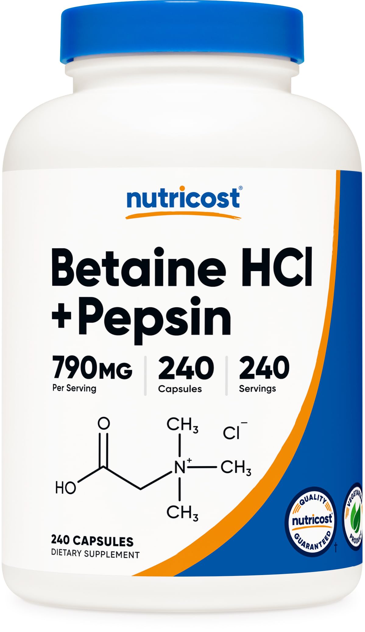 Nutricost Betaine HCl + Pepsin 790mg, 240 Capsules - Gluten Free & Non-GMO