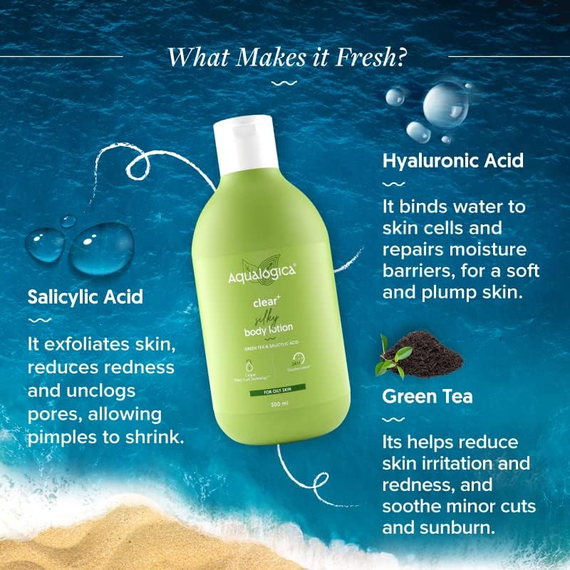 Aqualogica Clear+ Oily Skin Body Lotion with Salicylic Acid & Green Tea | Helps Eliminates Body Acne & Soothes Redness | Non-Comedogenic & Non-Sticky | 10.14 Fl Oz/300ml