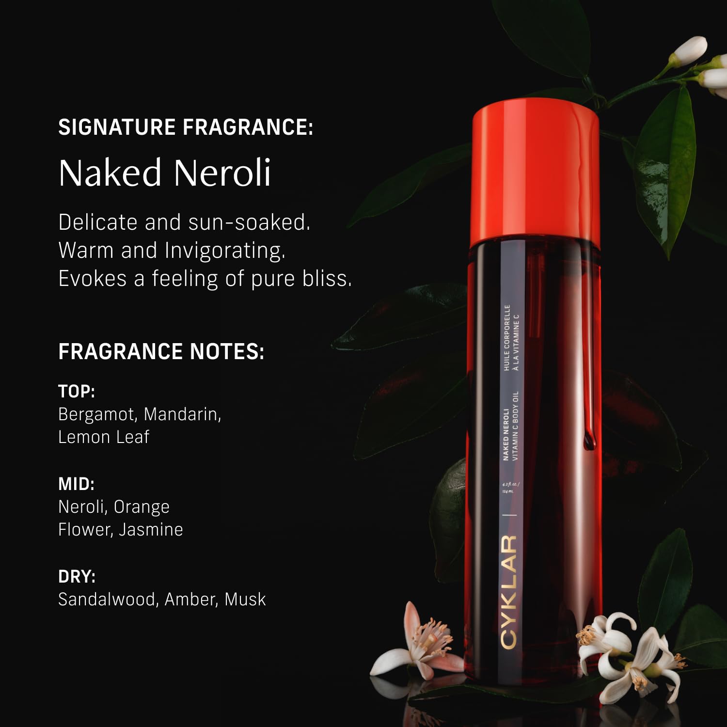 CYKLAR Vitamin C Body Oil for Women and Men. Moisturizing Naked Neroli Scented Body Serum for Glowing Skin. Nourishing, Hydrating After-Shower and Bath Skin Care Moisturizer, 4.2 Fl Oz