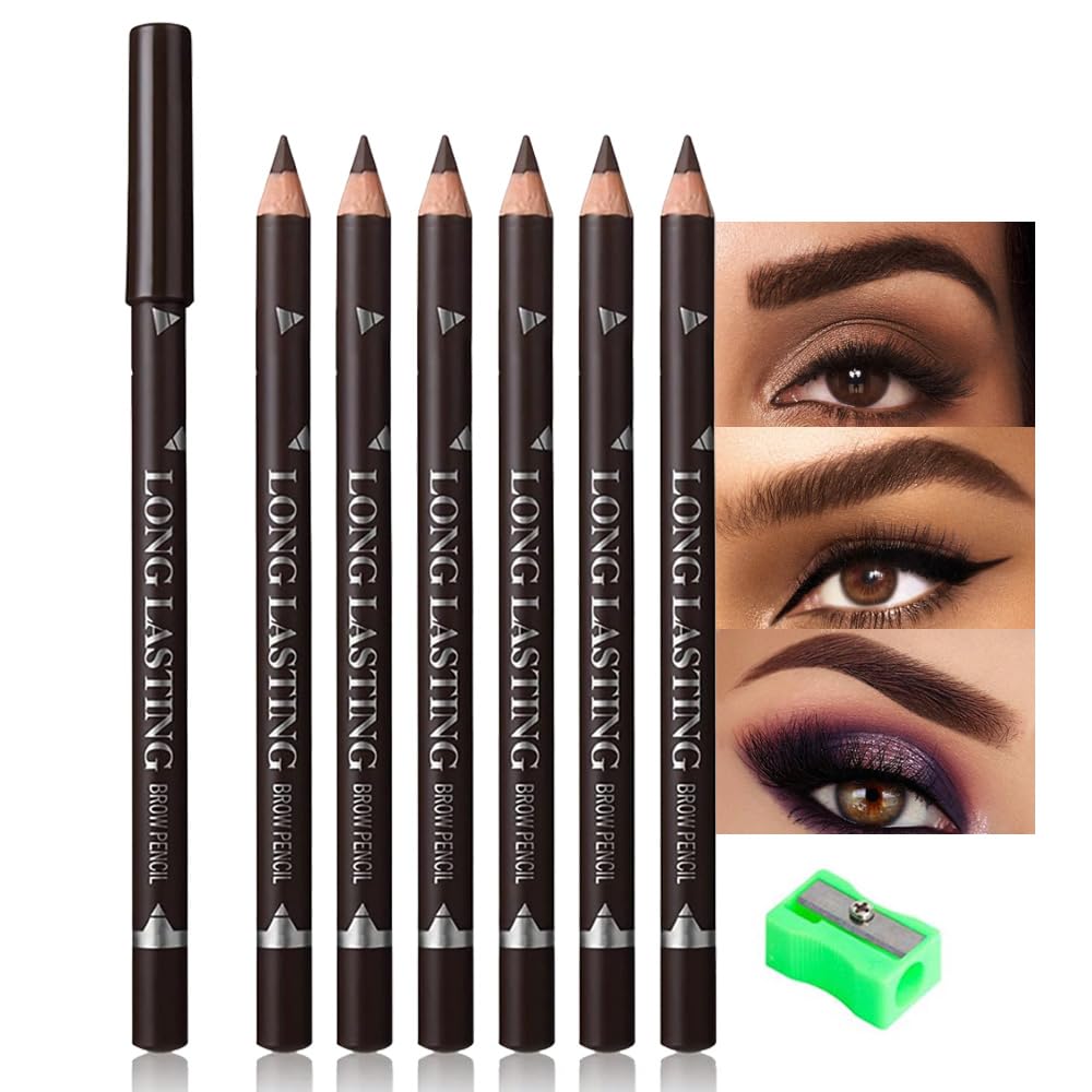 FeiCuiYun 6Pcs Wooden Hard-Core Dark Brown Eyebrow Pencils Set, Eyebrow and Eyeliner Pencils, Long Lasting Waterproof and Sweat-Proof, Beginner Makeup Eyebrow Penci, Create a Natural Brow Makeup