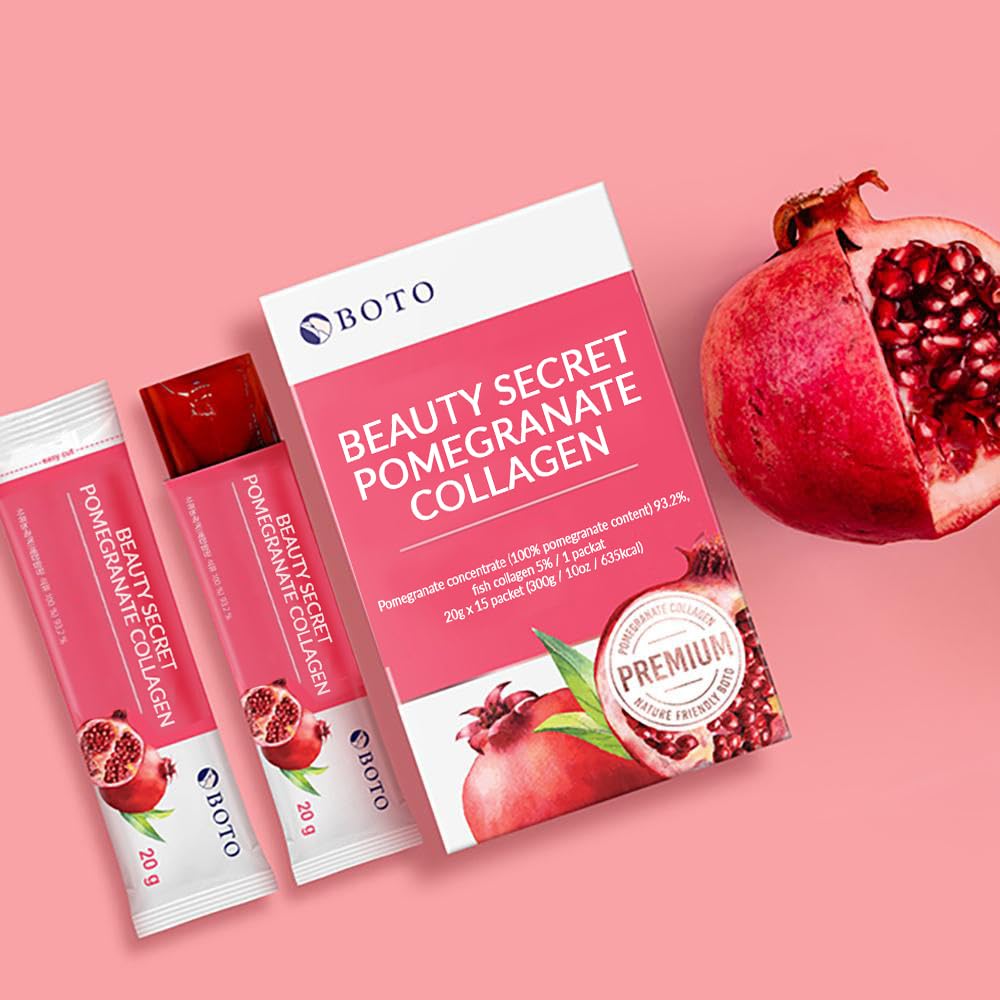 ZIOSTAND BOTO Beauty Secret Pomegranate Collagen 20g - Korean Beauty Collagen Jelly Stick, Low Molecular Fish Collagen, Pomegranate Flavored - Packs of 15