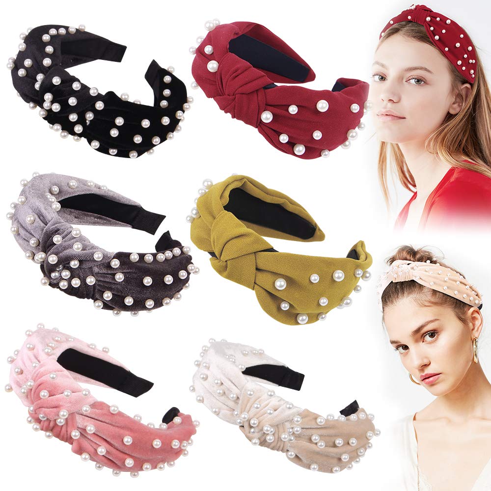 Headbands Women Hair Head Bands - 6 Pcs Pearl Knotted Head Bands Cute Velvet Top Knot Turban Hairbands Fashion Girls Vintage Boho Beauty Wide headbands For Wash Face Makeup Fashion Hair Accessories