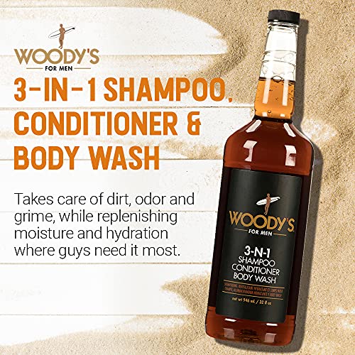 Woody's 3 in 1 Body Wash for Men - Shampoo, Conditioner, & Body Wash, Multipurpose Cleanser With Marine Extracts, Cucumber Fruit Extract, and Aloe Vera - 32 Fl Oz