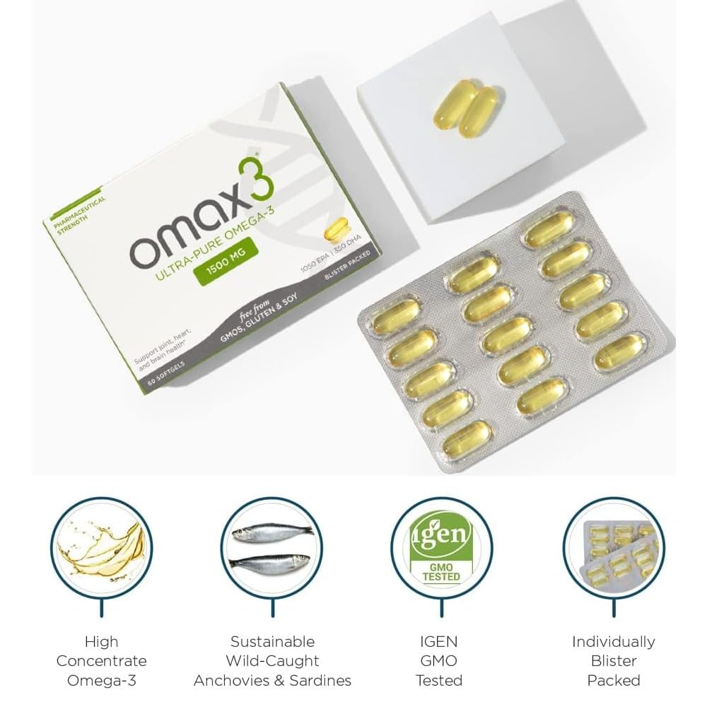 Omax3 Natural Omega 3 Fish Oil Pills 1500 MG EPA DHA - Omega3 Fatty Acid Muscle & Joint Support Supplements - Gluten Free, Wild Caught, Non GMO, 60-Day Supply Blister Packed (2 Boxes)