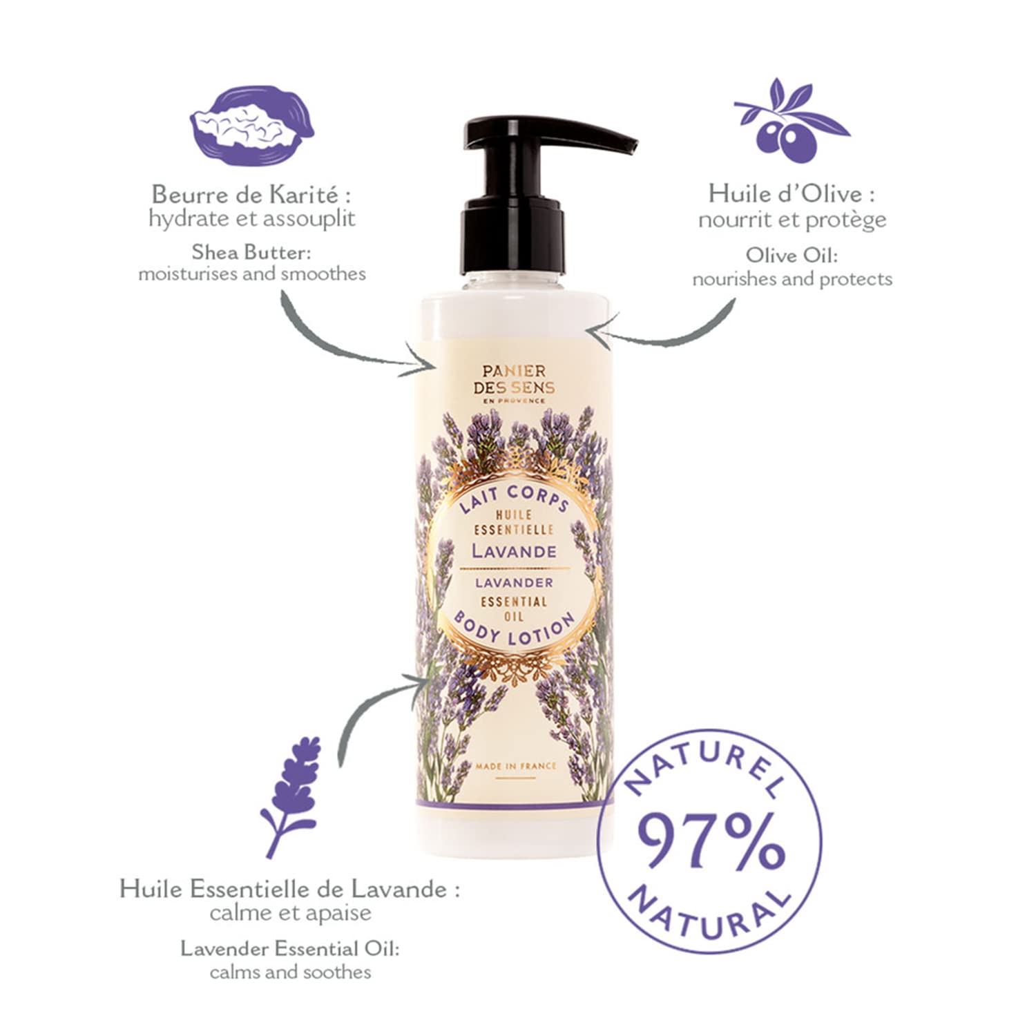 Panier des Sens - Lavender Body Lotion for Dry Skin - Hydrating Body Cream for Women - Nourishing Fluid Body Moisturizer with Shea Butter & Olive Oil - 97% Natural Ingredients Body Care - 8.45 Floz