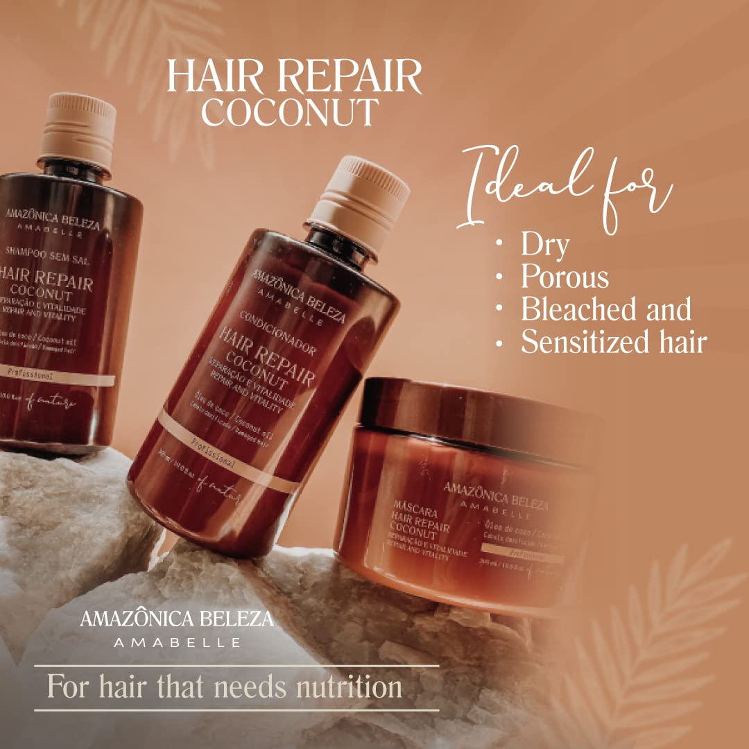 AMAZONICA BELEZA Coconut kIT, Repairs Damaged Hair and Restores Hair Proteins for Healthy, Vital Hair, with Coconut Oil, Sulfate & Parabens Free, Kit Shampoo, Conditioner and Mask, 10 Oz