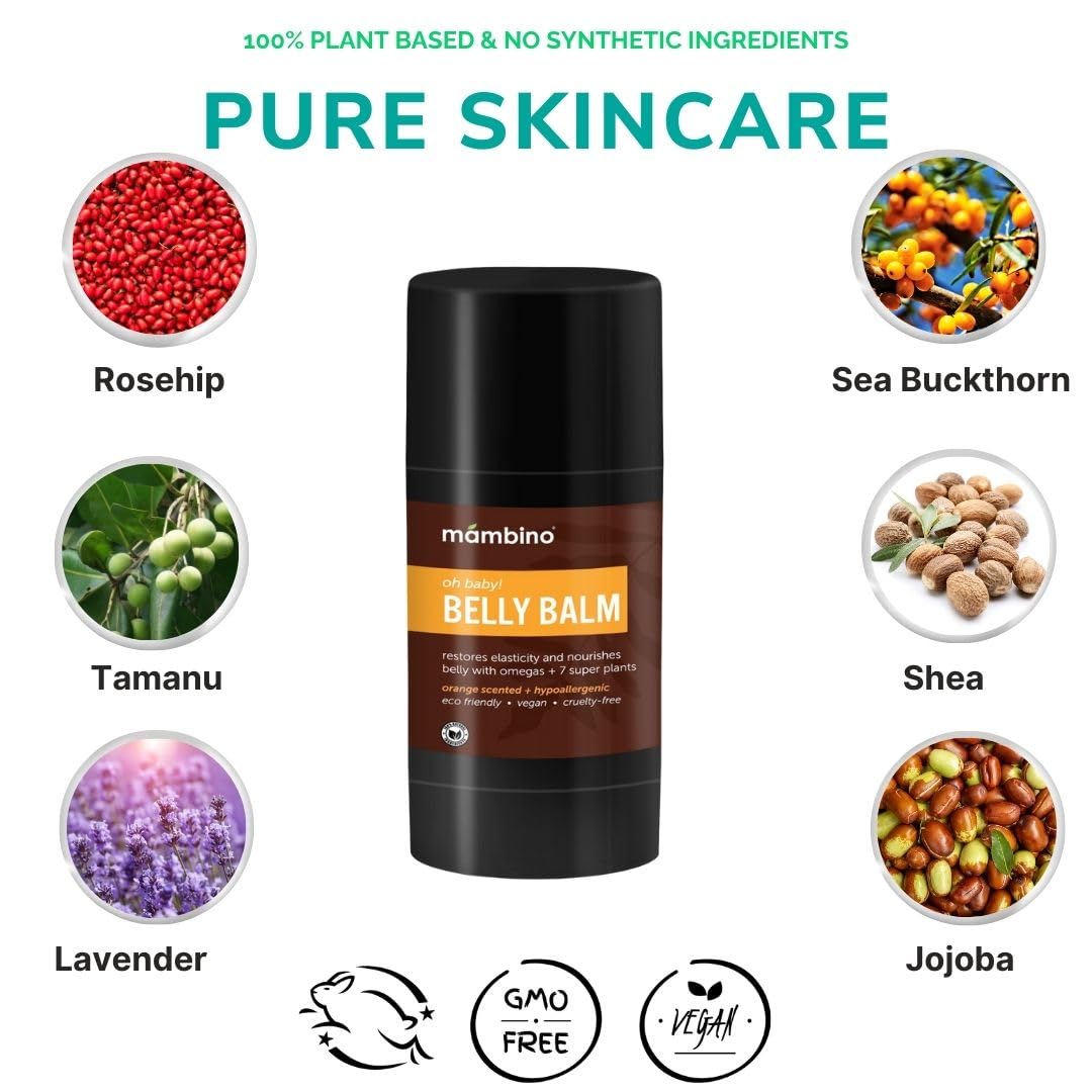 Mambino Organics Oh Baby! Belly Balm – Plant-Based with Egyptian Calendula, Vietnamese Tamanu & Dutch Shea – Pregnancy Balm for Stretch Marks – Vegan Cruelty-Free Maternity Care, 2.5 floz