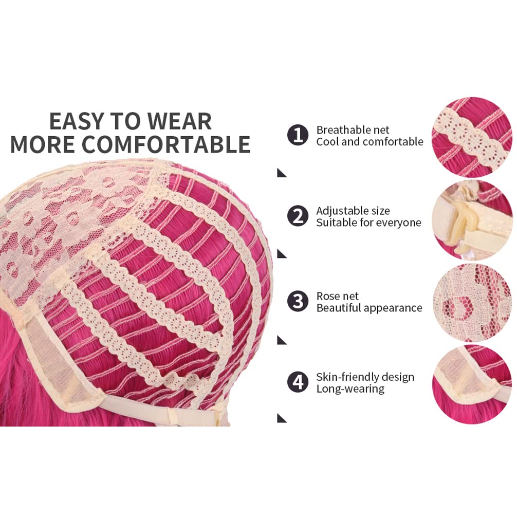 Hot Pink : RightOn 14’’ Short Curly Women Girl’s Charming Synthetic Wig with Air Bangs + Free Wig Cap + Free Comb (Hot Pink)