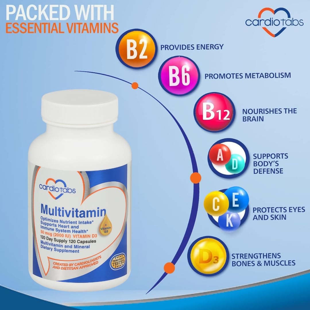 Cardiotabs Multivitamin - Heart and Immunity Supplements for Men & Women, Multivitamin for Men & Women, with Minerals B-Vitamin Complex, Vitamins A, C, E, K and 2000 IU Vitamin D3, 120-Count Bottle