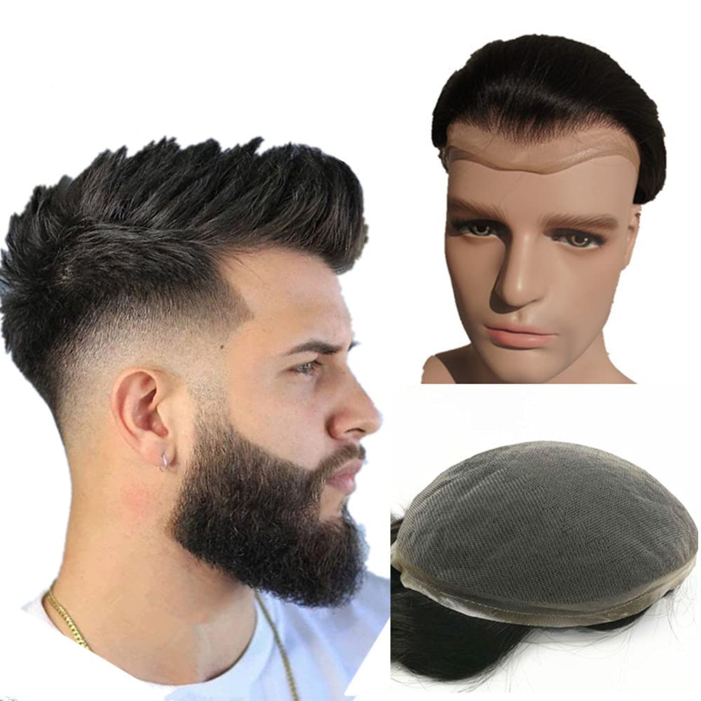 N.L.W. European virgin human hair toupee for men with SOFT THIN Super Swiss lace, 10 x 8 Straight hair pieces for men #1 Jet black
