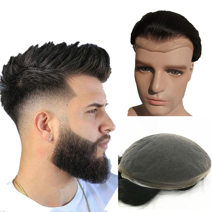 N.L.W. European virgin human hair toupee for men with SOFT THIN Super Swiss lace, 10 x 8 Straight hair pieces for men #1b Off black