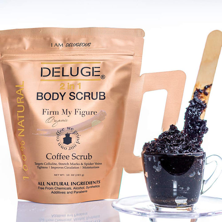Organic Coffee Body Scrub, Tightens, Tones, Reduces Cellulite 100% Natural 10 Oz By Deluge New Packaging By Deluge