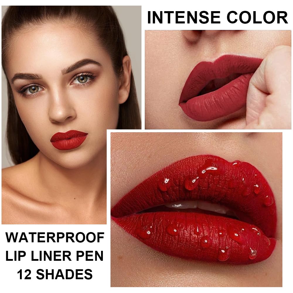 KIMIEYE 12 Colors Lip Liner Set, Matte Finish Series Lip Liners Pen Kit for Women, Long Lasting Waterproof Smooth High Pigmented Lip Pencil for Daily Makeup (Set A)