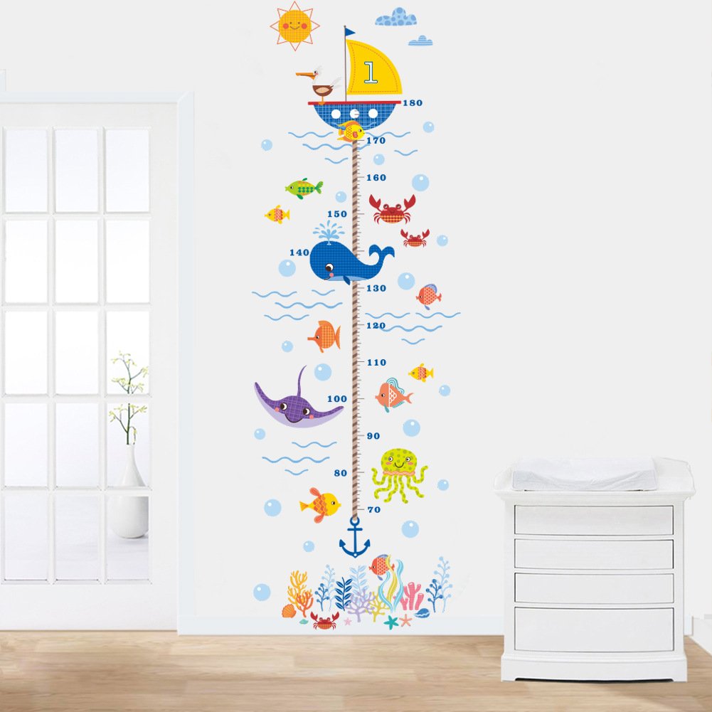 Wland 22 inches x 67 inches Undersea Fish Whale Octopus Crab Growth Chart Removable Vinyl Wall Decals Stickers for Children Room Nursery